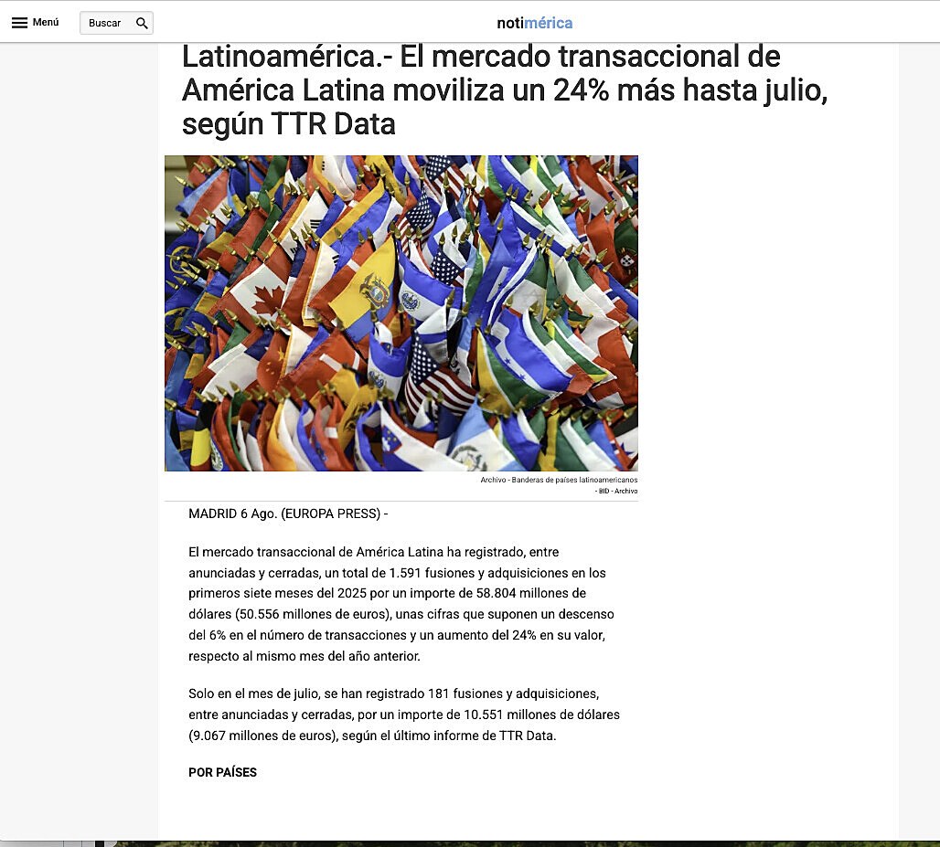 El mercado transaccional de Amrica Latina moviliza un 24% ms hasta julio, segn TTR Data
